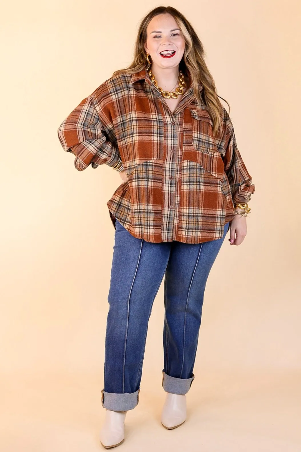 Coffee At Sunrise Button Up Plaid Shacket with Long Sleeves in Rust Brown