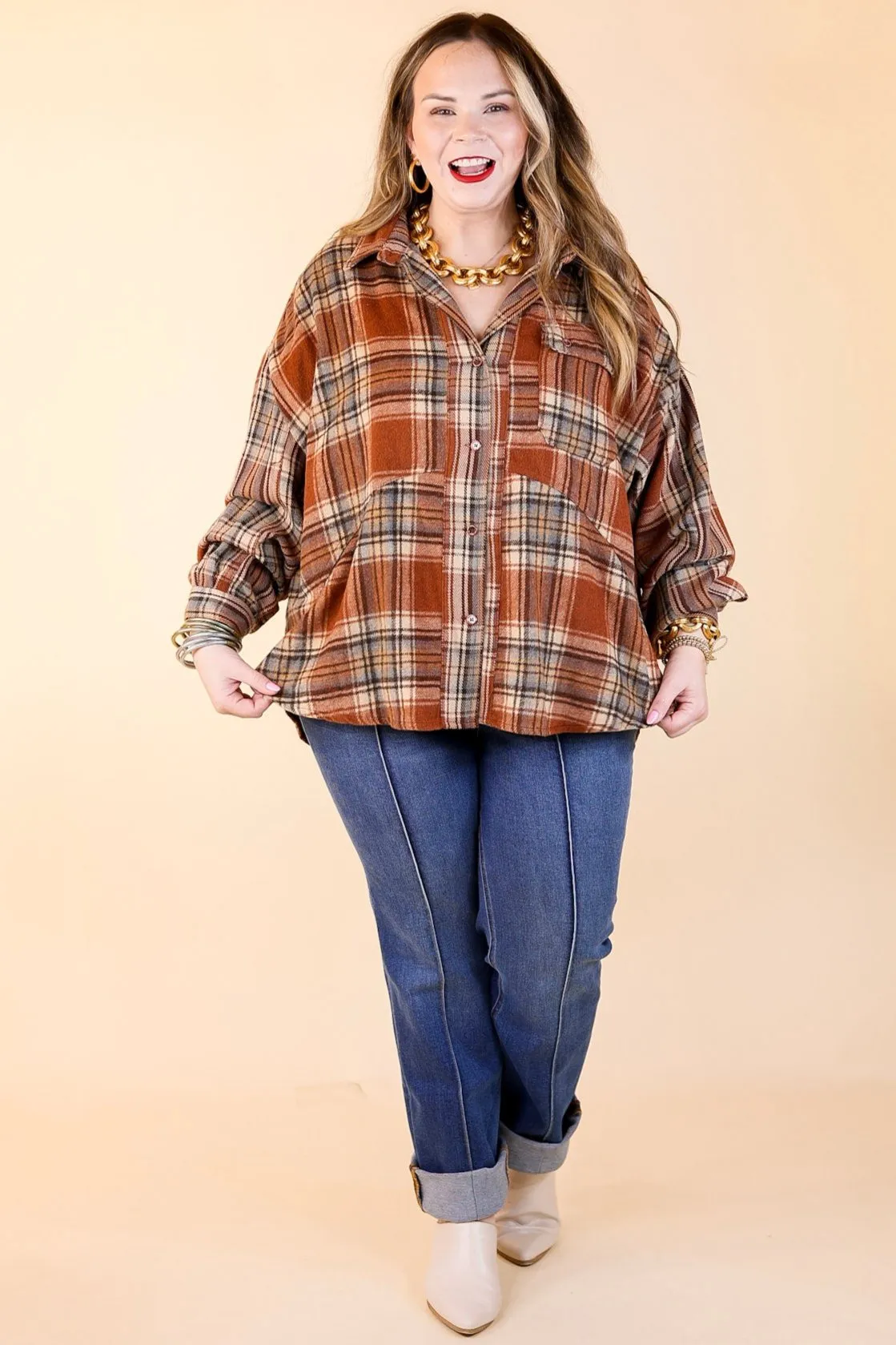 Coffee At Sunrise Button Up Plaid Shacket with Long Sleeves in Rust Brown