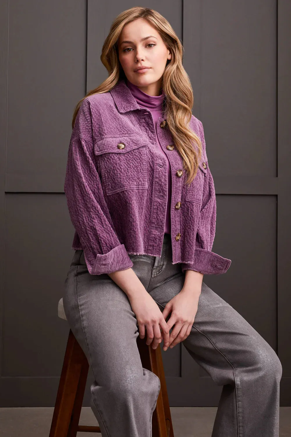 Crop Corduroy Shacket in Grape