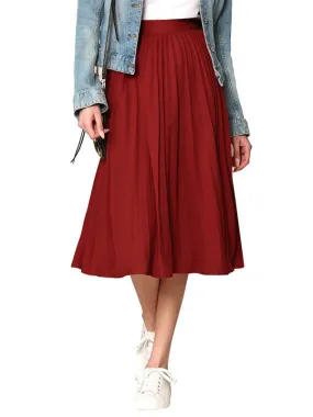 Dark Red High Elastic Waist Pleated Mid A-Line Swing Skirt