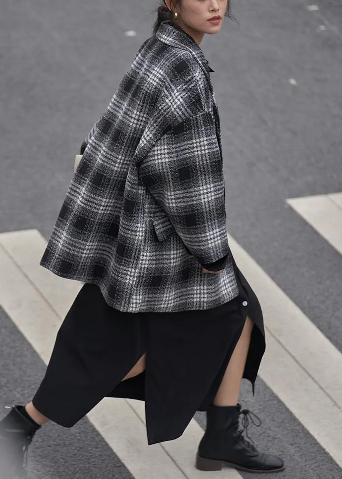 diy Notched double breast  wool coat black plaid short jackets