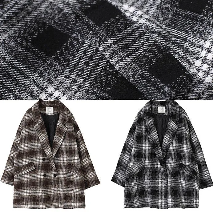 diy Notched double breast  wool coat black plaid short jackets