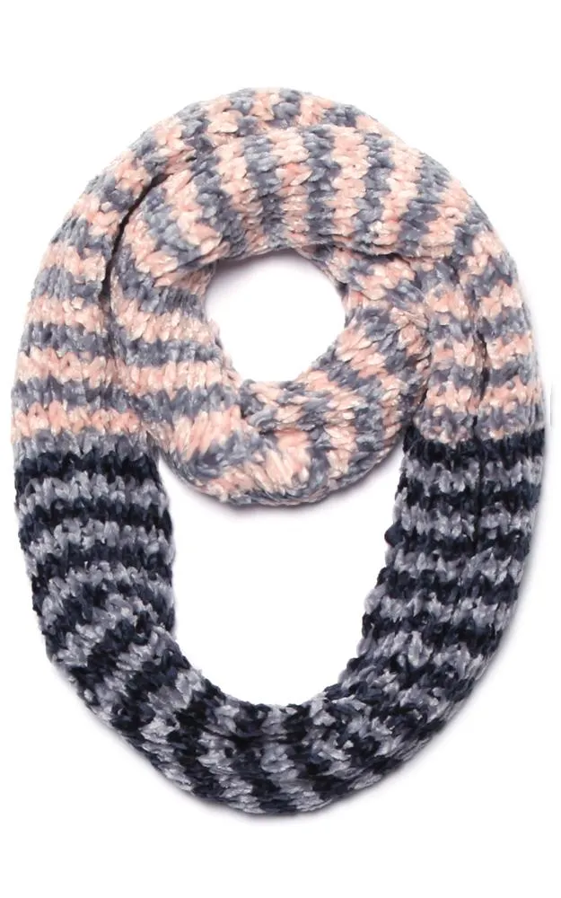 EAN9145 Three Tone Chenille Stripe Infinity Scarf