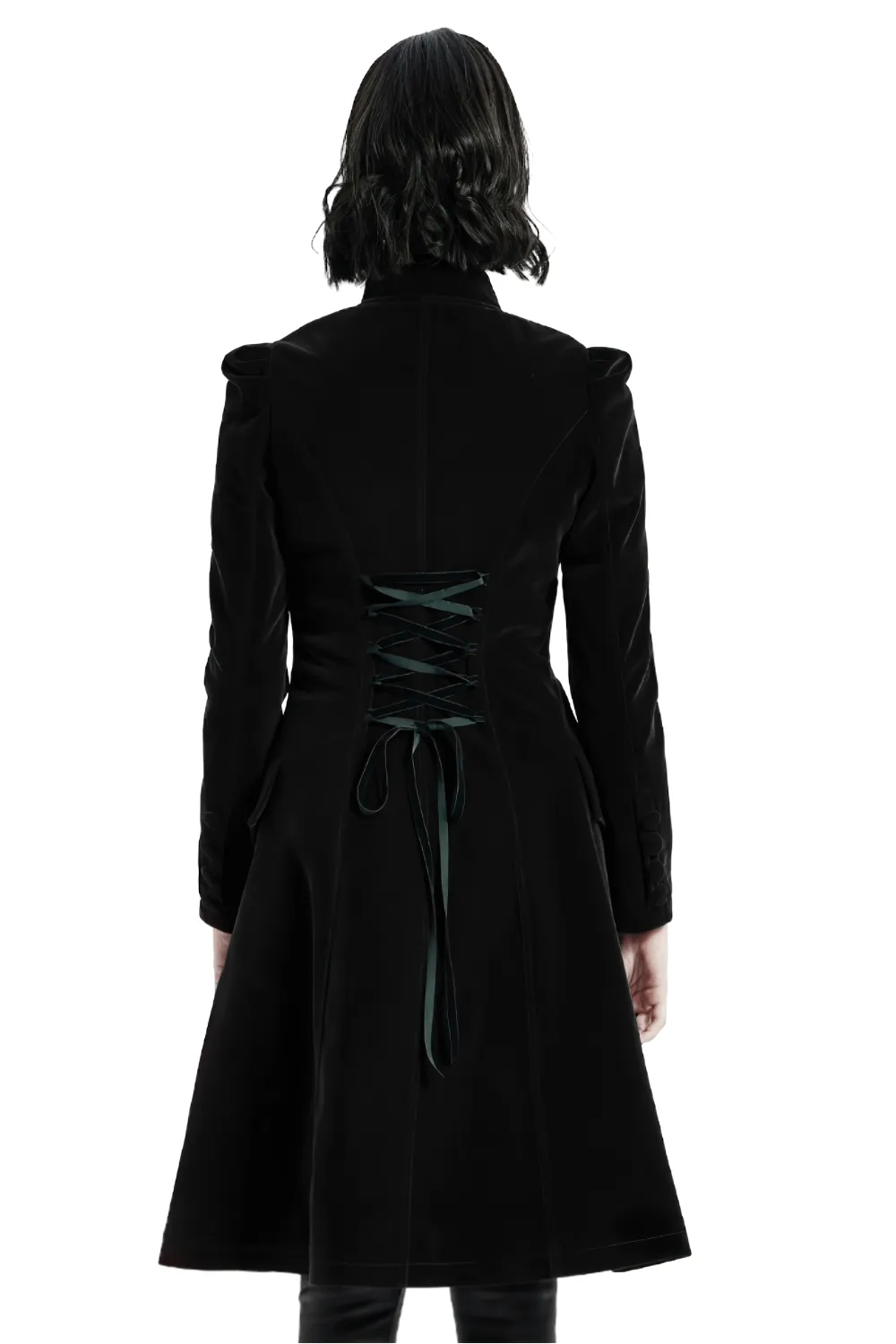 Elegant Gothic Black Velvet Lace-Up Back Trench Coat