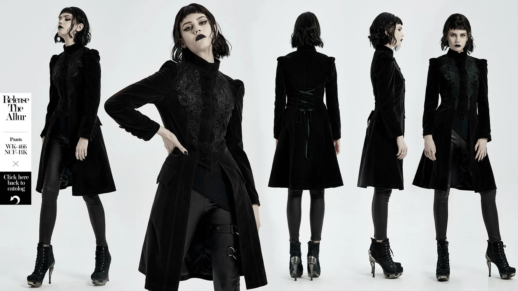 Elegant Gothic Black Velvet Lace-Up Back Trench Coat