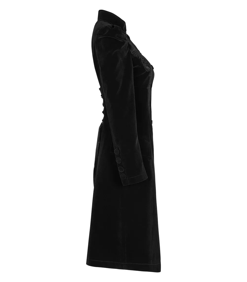 Elegant Gothic Black Velvet Lace-Up Back Trench Coat