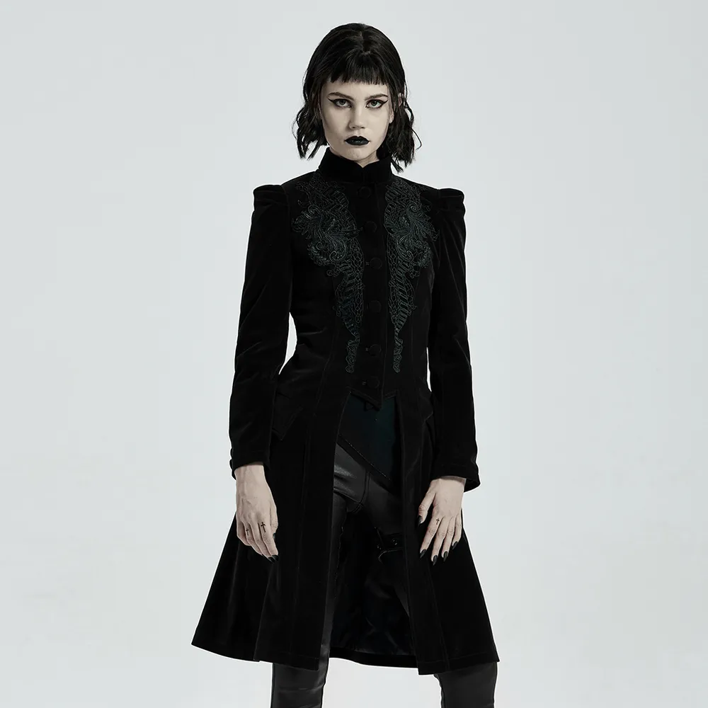 Elegant Gothic Black Velvet Lace-Up Back Trench Coat