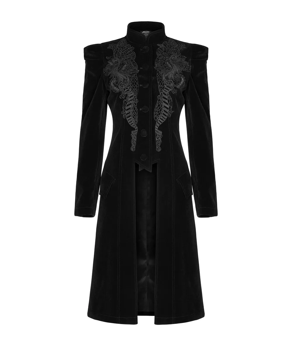 Elegant Gothic Black Velvet Lace-Up Back Trench Coat