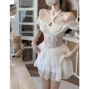 Fairy Princess Mesh White Dress Y2k Soft Girls Sweet Elegant Wrap Mini Short Dresses Fashion Summer Sundress