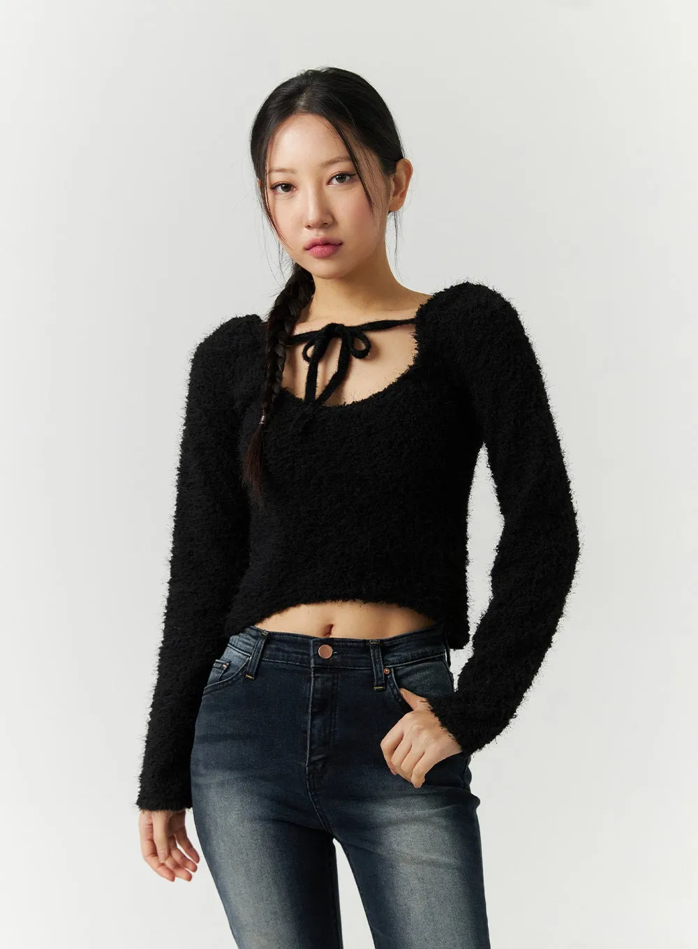 Faux Fur Cropped Sweater with High Collar Ribbon CD301