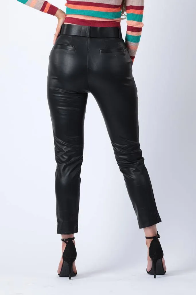 Faux Leather Belted Trousers in Black