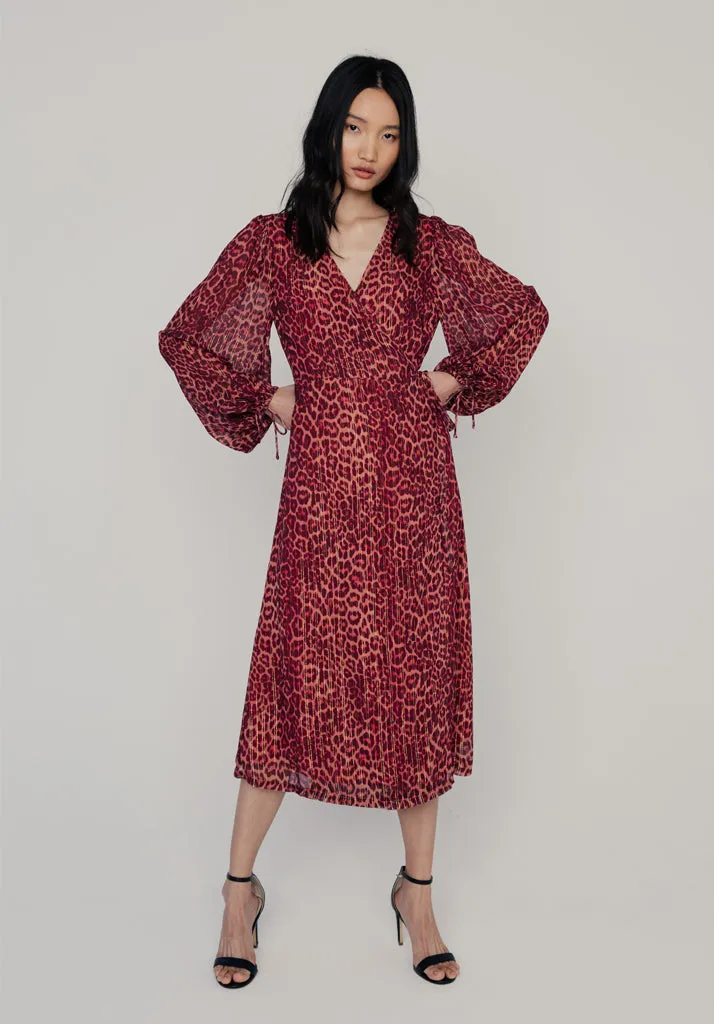 Fifi Wrap Leopard Print Midi Dress In Burgundy