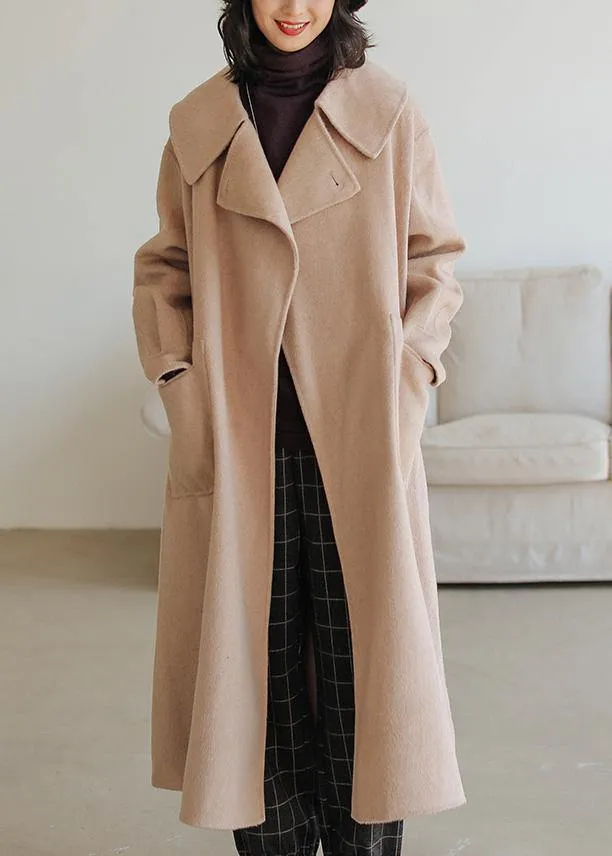 fine khaki wool coat plus size Notched pockets long jackets