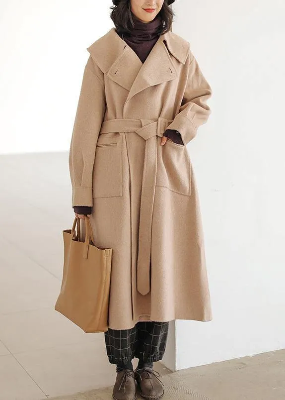 fine khaki wool coat plus size Notched pockets long jackets