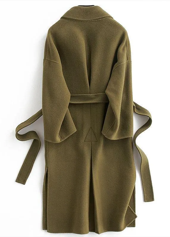 fine Loose fitting long coat tie waist green Notched woolen outwear