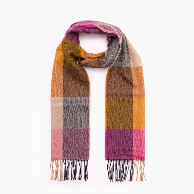 Fine Merino Scarf - Pink, Orange and Sand Block Check - John Hanly