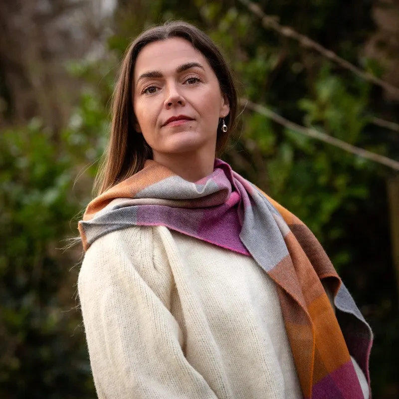 Fine Merino Scarf - Pink, Orange and Sand Block Check - John Hanly