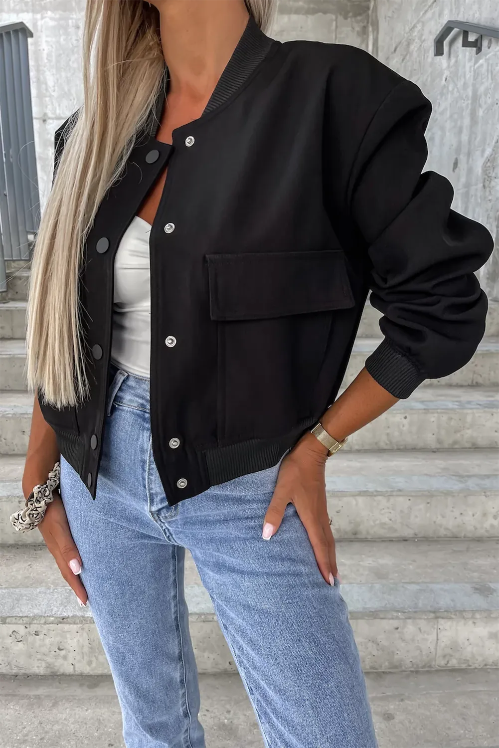 Flap Pocket Buttoned Baseball Jacket