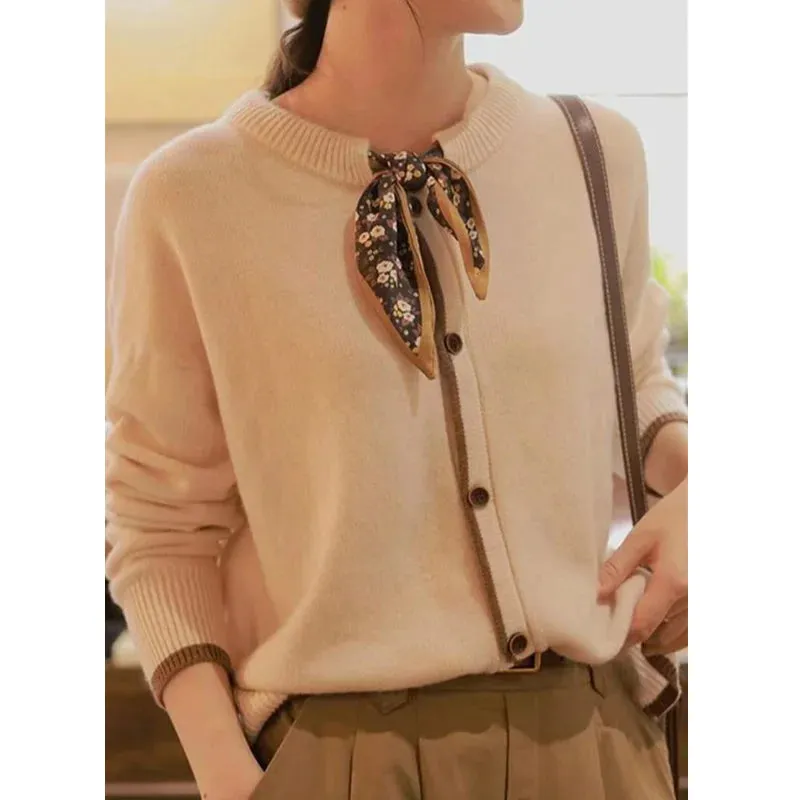 Flytonn-Bow-tie ribbon pure cashmere cardigan sweater early spring temperament round collar loose wool coat