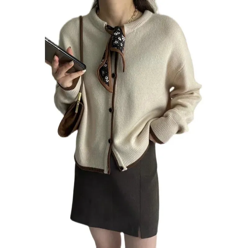 Flytonn-Bow-tie ribbon pure cashmere cardigan sweater early spring temperament round collar loose wool coat