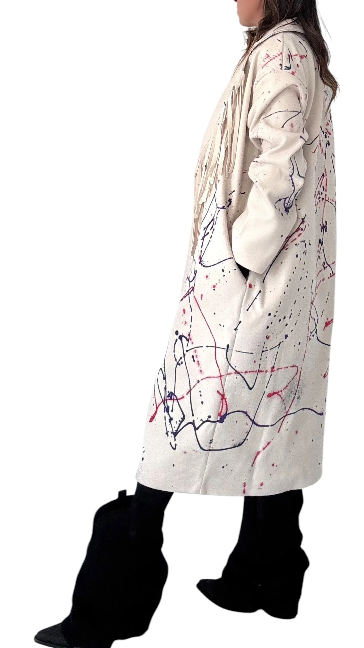 'Fringed & Splattered' Maxi Coat