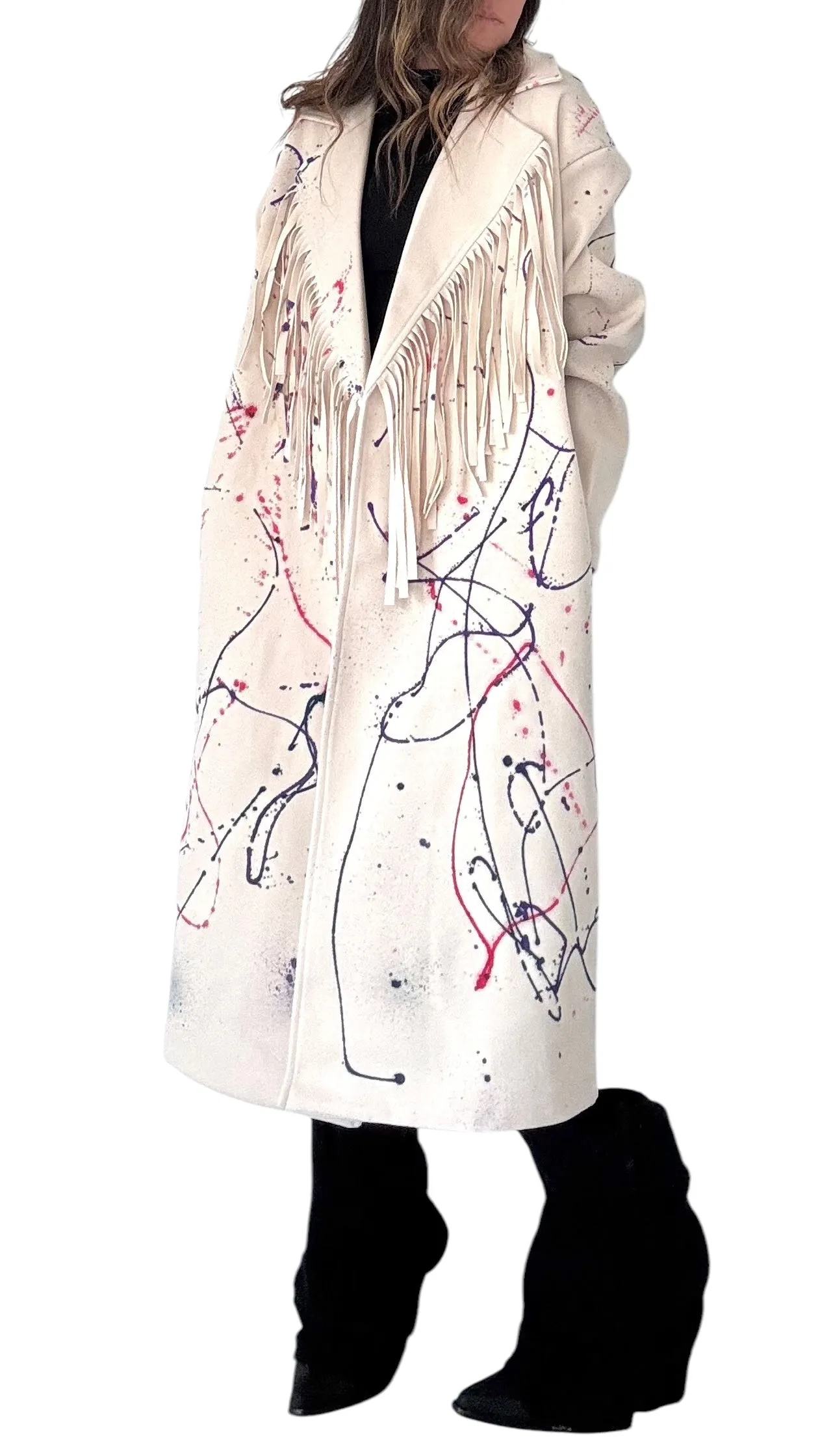 'Fringed & Splattered' Maxi Coat