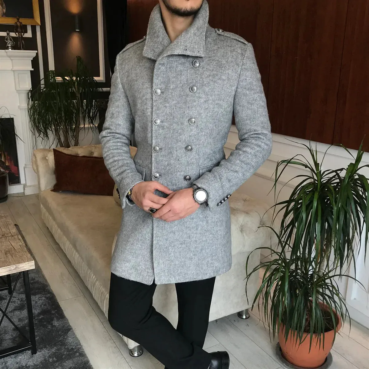 Frost Slim Fit Grey Double Breasted Wool Coat by ITALIAN VEGA®