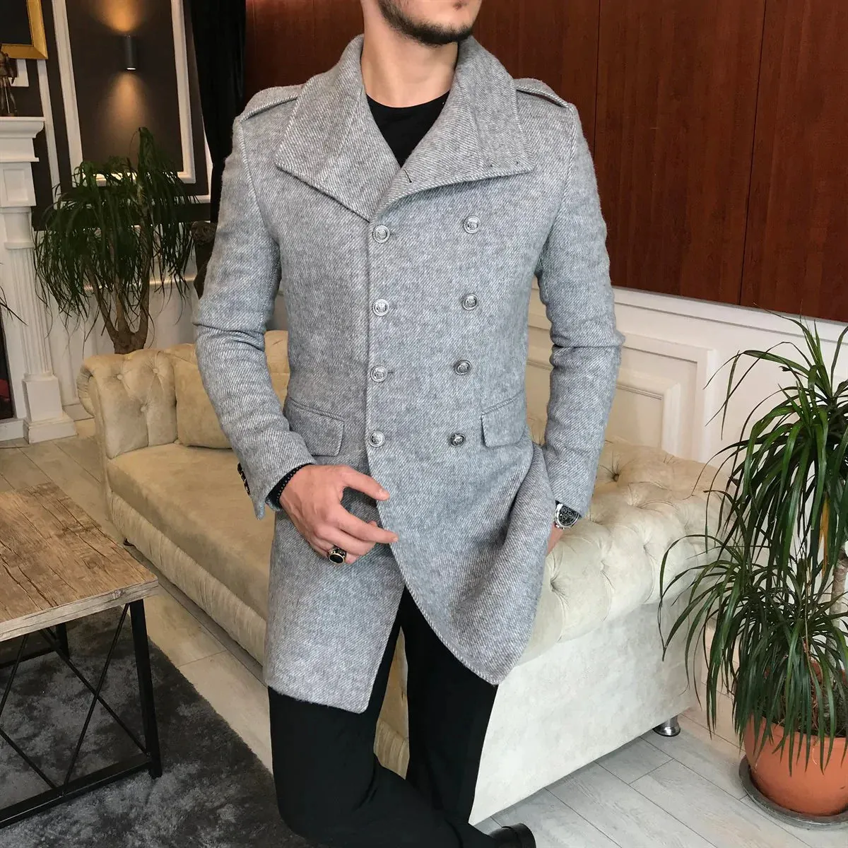 Frost Slim Fit Grey Double Breasted Wool Coat by ITALIAN VEGA®