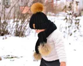 FURTALK Real Raccoon Fur Pom Pom Hat Scarf Set for Kids HTWL029