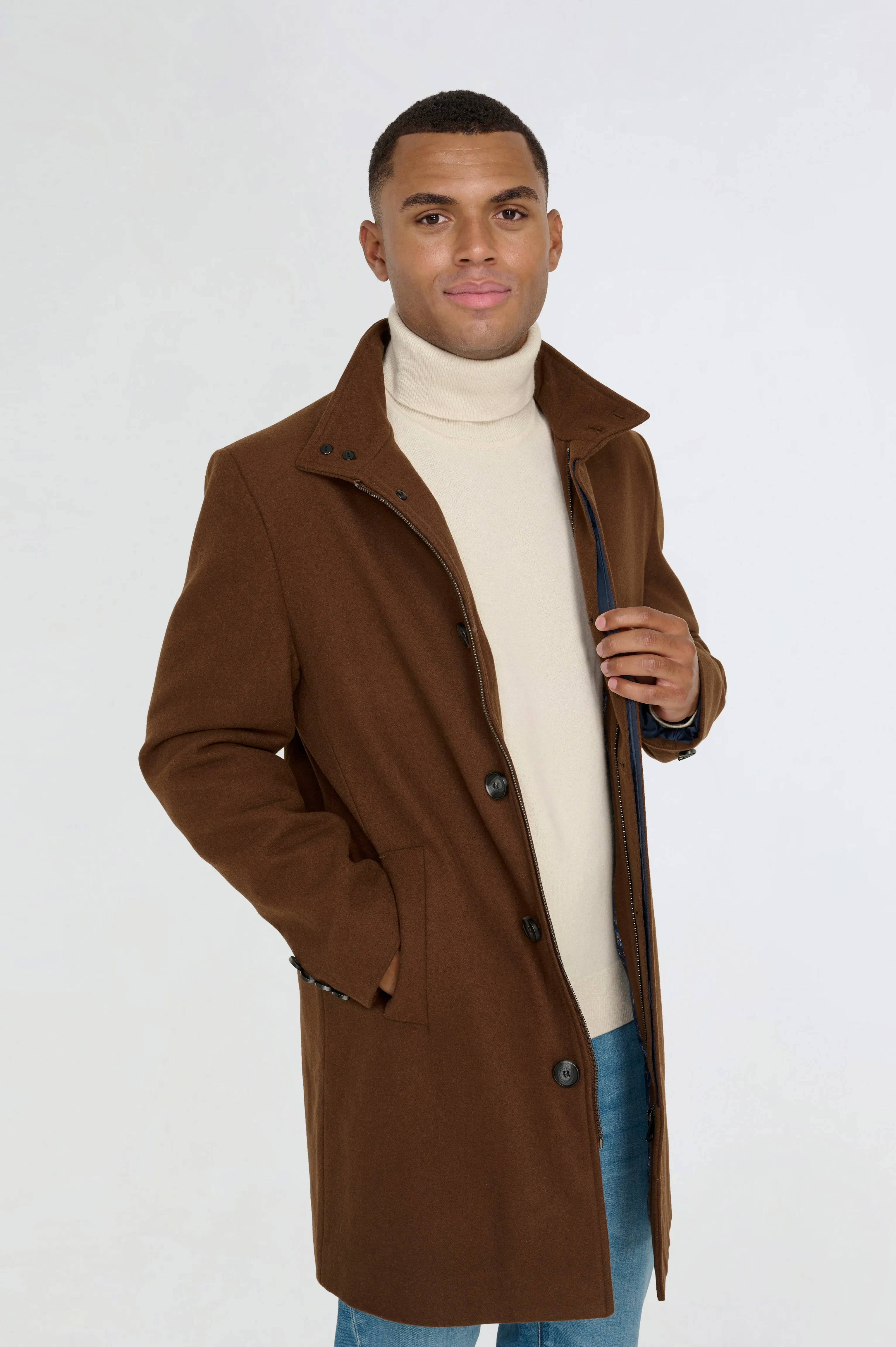 George Wool Melton Coat with Funnel Neck in Brown