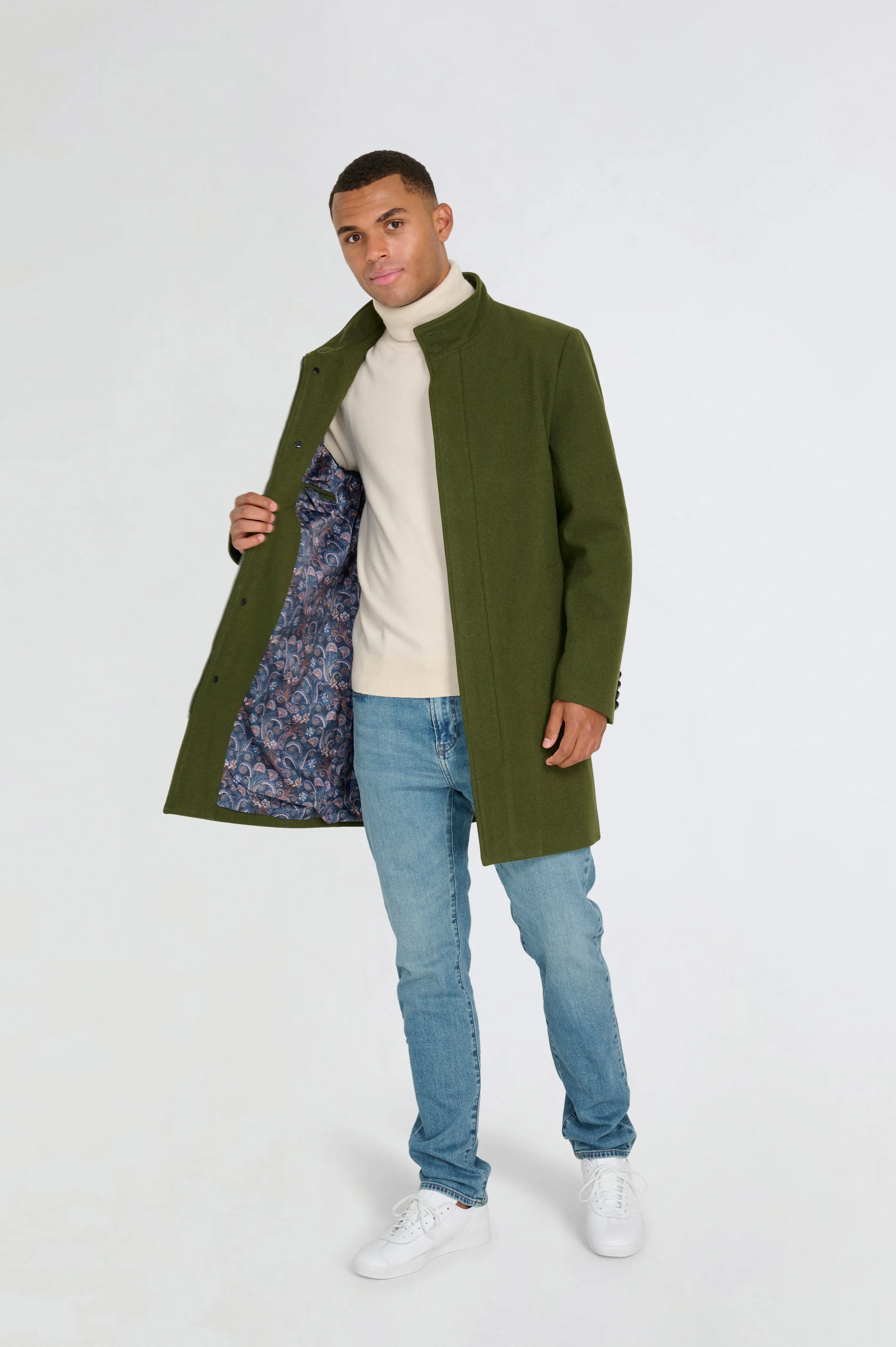 George Wool Melton Coat with Funnel Neck in Khaki