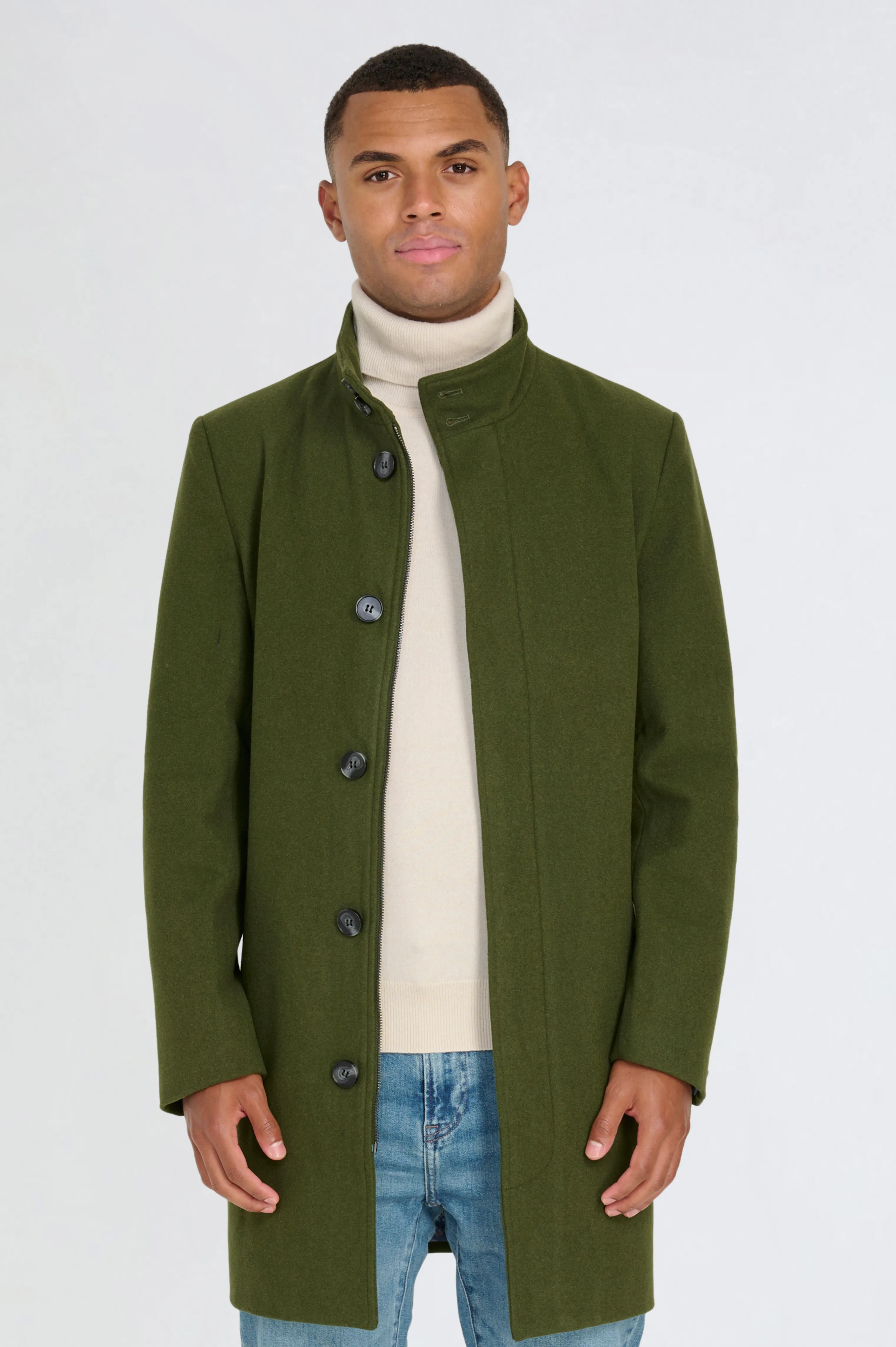 George Wool Melton Coat with Funnel Neck in Khaki