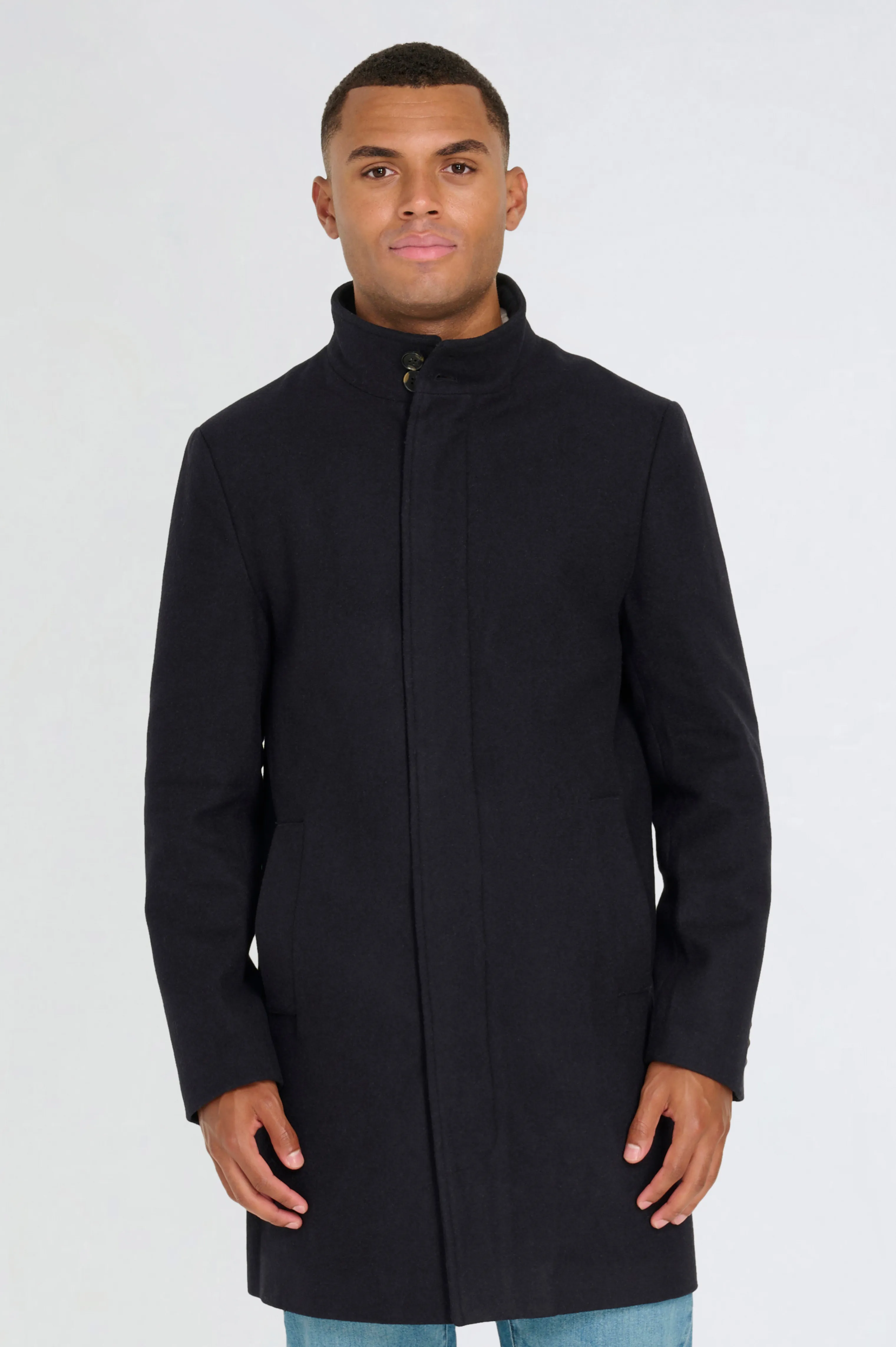 George Wool Melton Coat with Funnel Neck in Navy