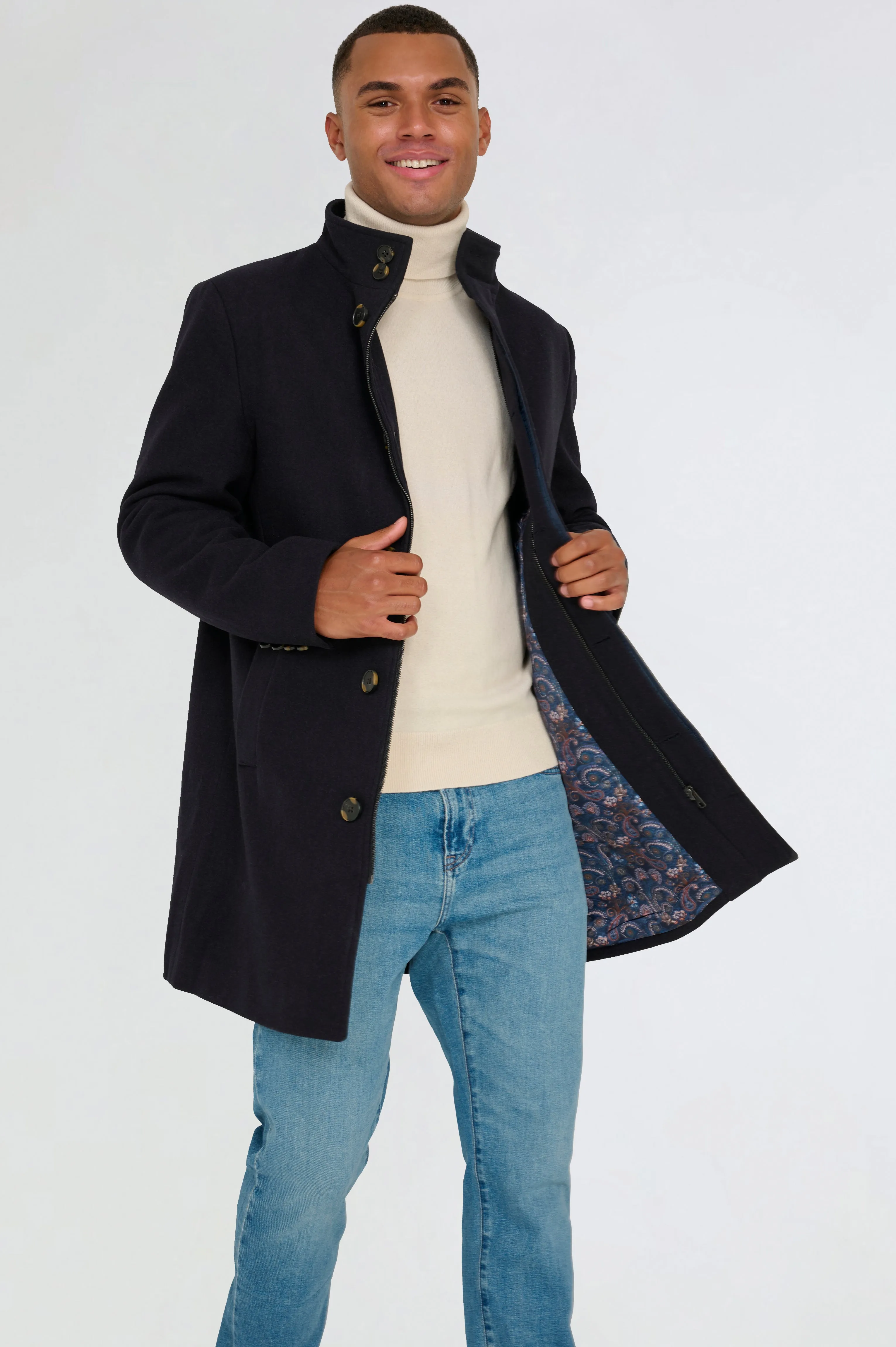 George Wool Melton Coat with Funnel Neck in Navy