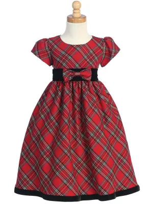 Girls Plaid Holiday Dress with Velvet Trim