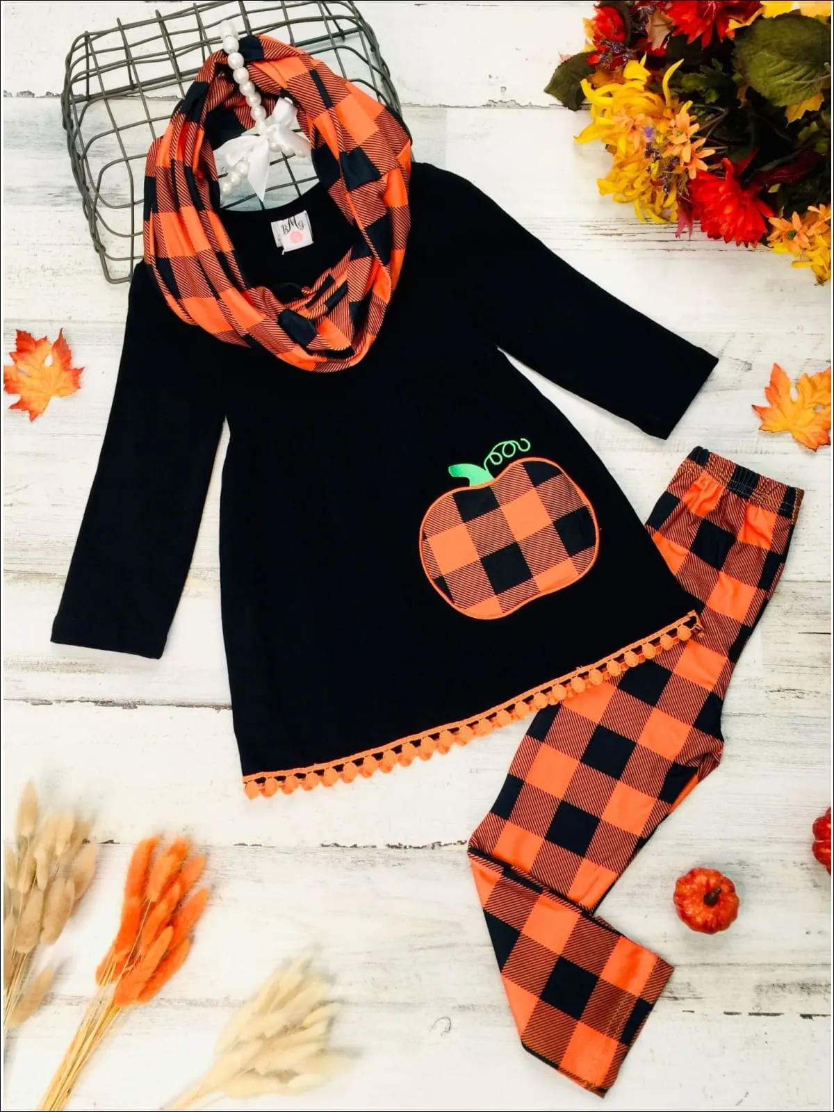 Girls Pumpkin Print Circle Trim Hem Long Sleeve Tunic, Plaid Leggings And Scarf Set