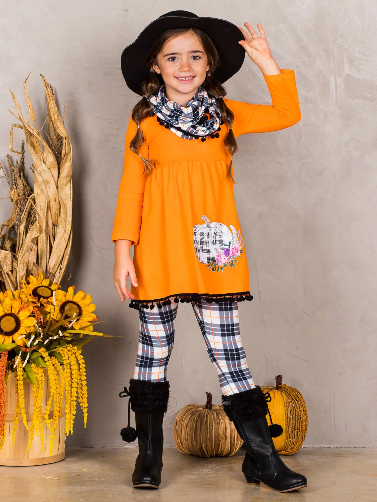 Girls Pumpkin Print Circle Trim Hem Long Sleeve Tunic, Plaid Leggings And Scarf Set