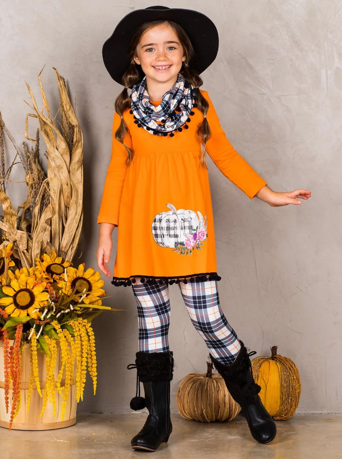 Girls Pumpkin Print Circle Trim Hem Long Sleeve Tunic, Plaid Leggings And Scarf Set