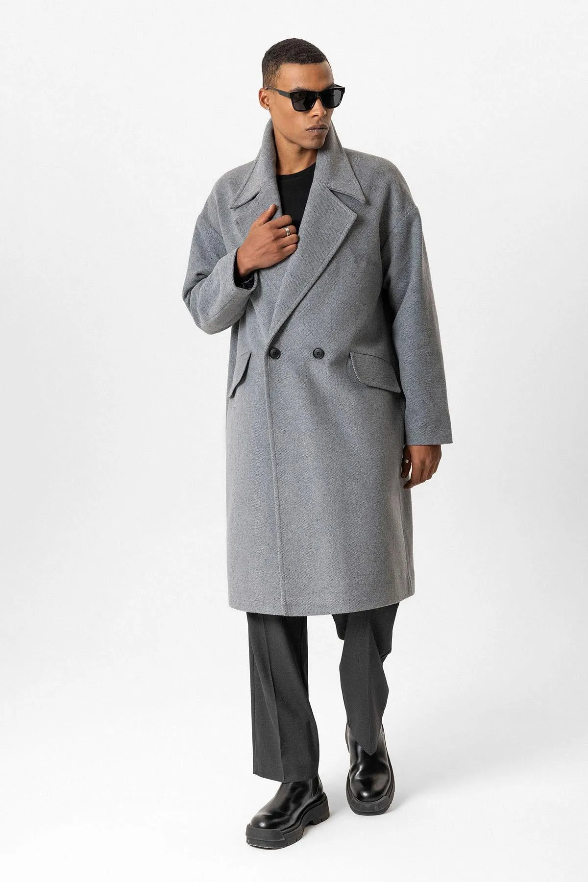 Gray Wool-Blend Double-Breasted Men's Coat - Wessi