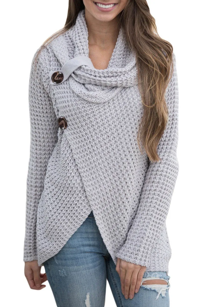 Grey Button Wrap Cowl Neck Sweater