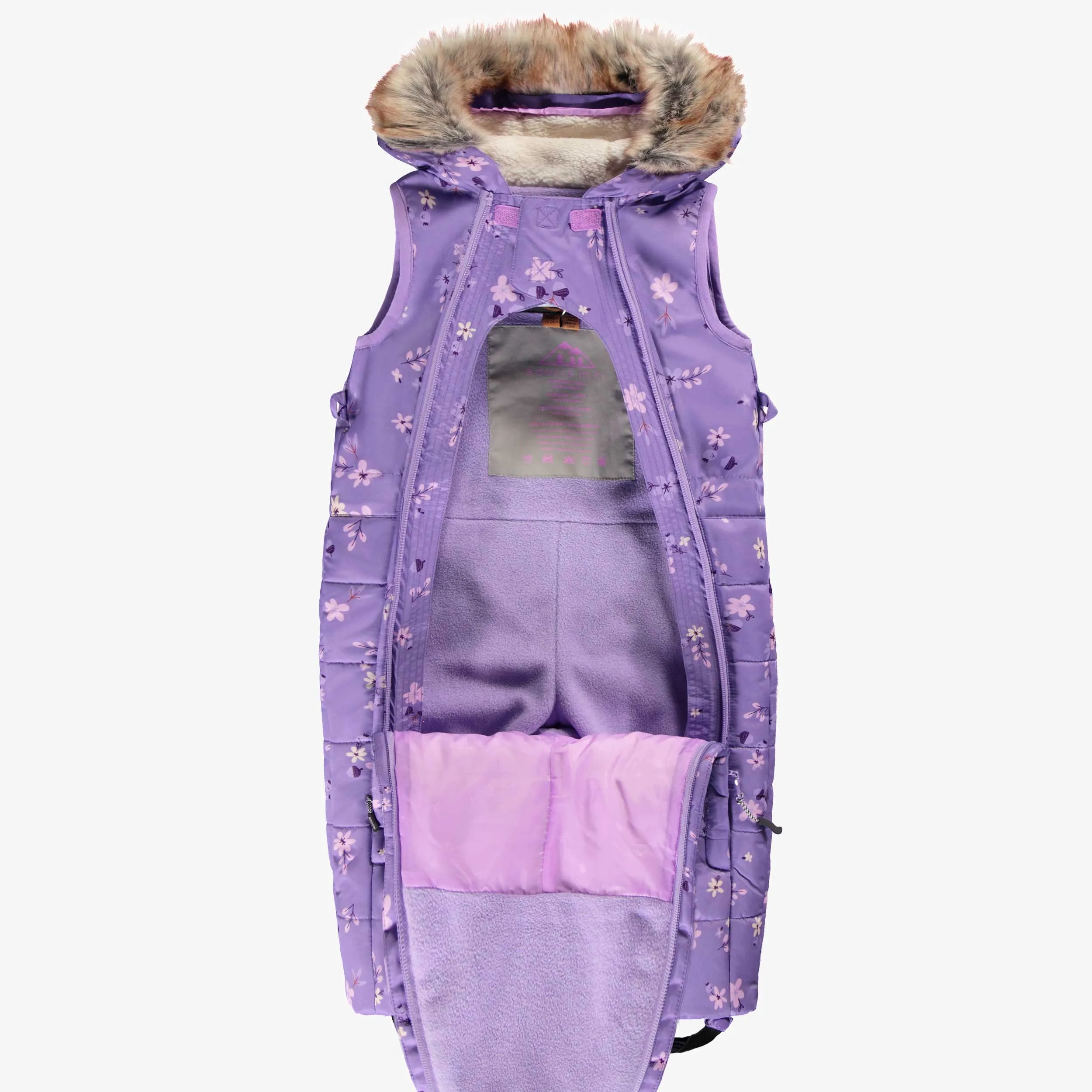 Habit de neige deux pièces violet à motifs, bébé || Violet two-piece snowsuit with all over print, baby