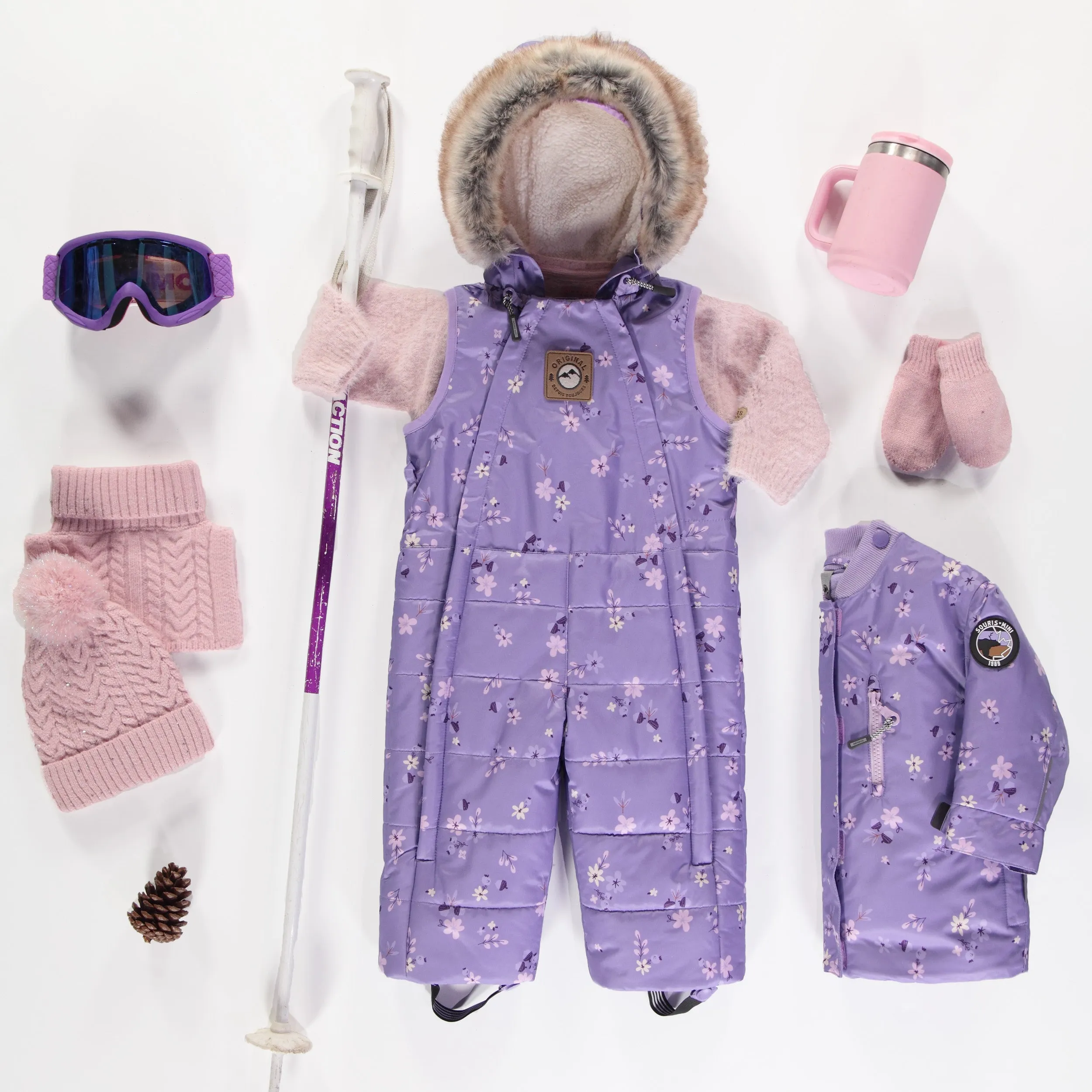 Habit de neige deux pièces violet à motifs, bébé || Violet two-piece snowsuit with all over print, baby