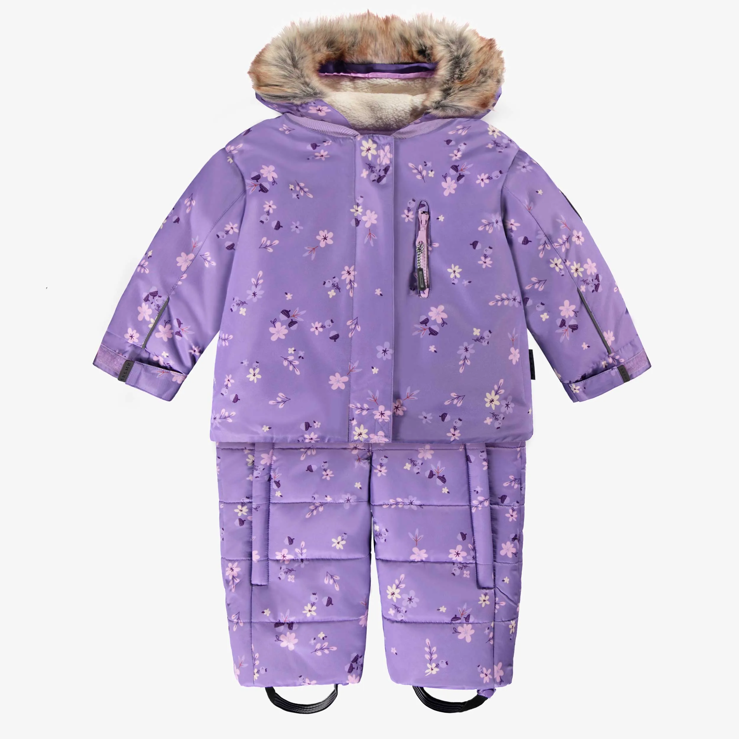 Habit de neige deux pièces violet à motifs, bébé || Violet two-piece snowsuit with all over print, baby