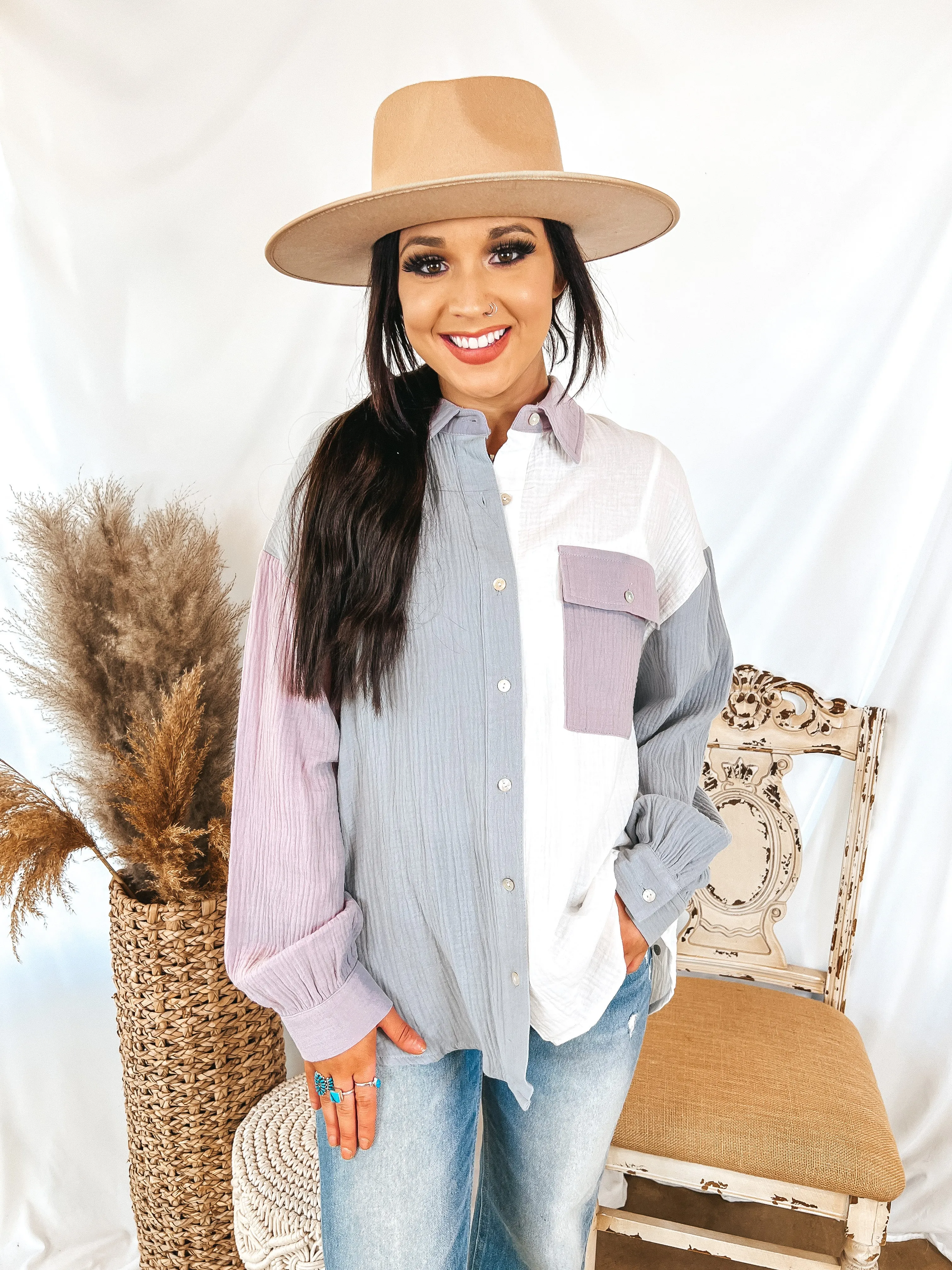 Highly Requested Button Up Color Block Top in Dusty Blue and Purple