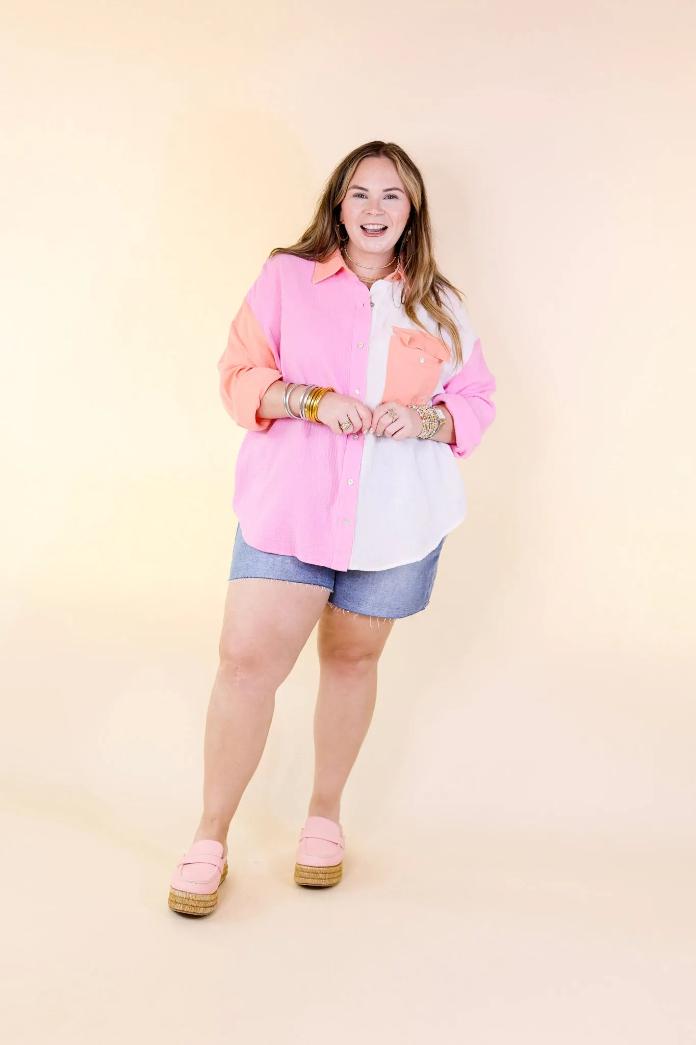 Highly Requested Button Up Color Block Top in Pink and Orange