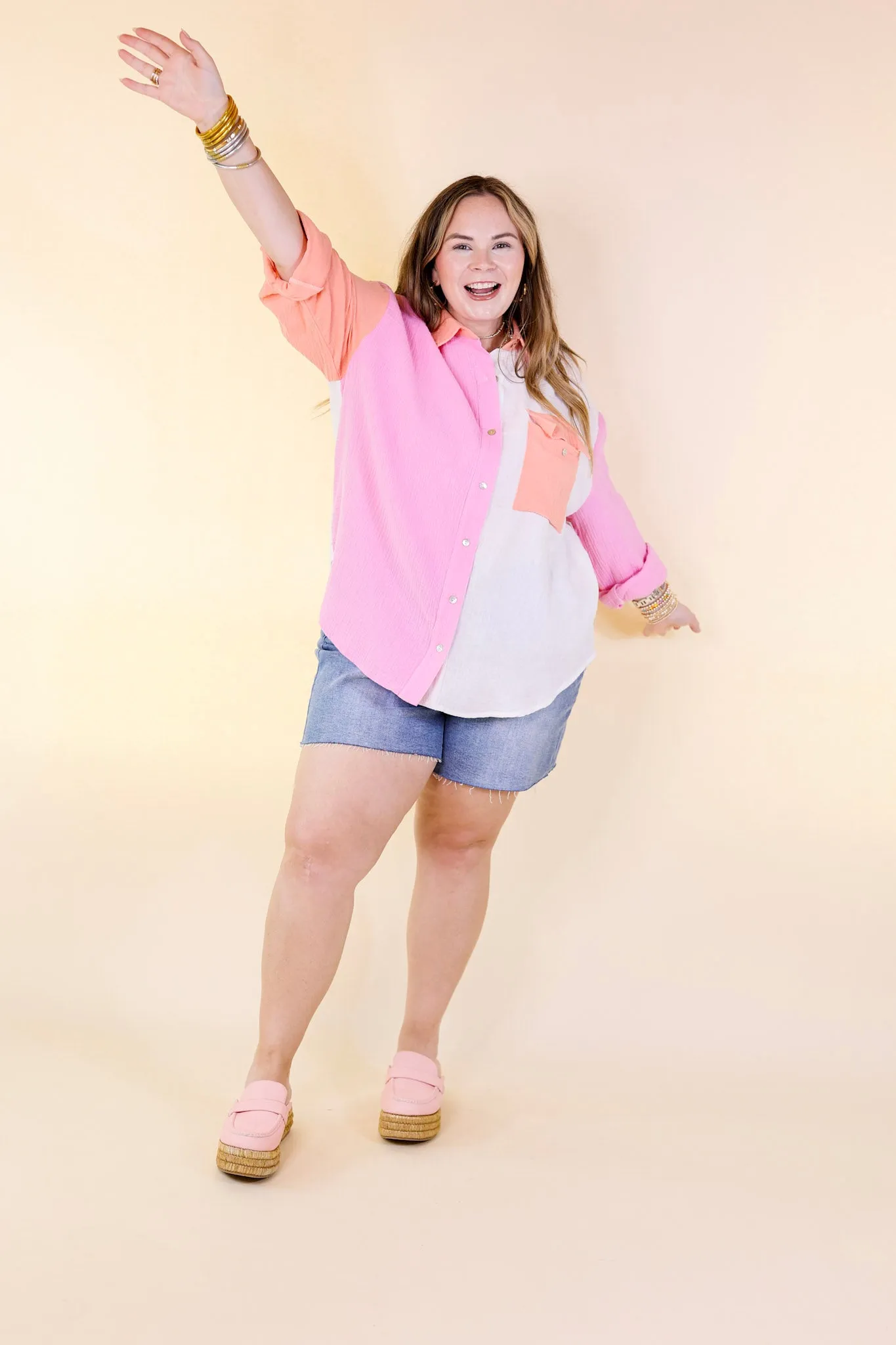 Highly Requested Button Up Color Block Top in Pink and Orange