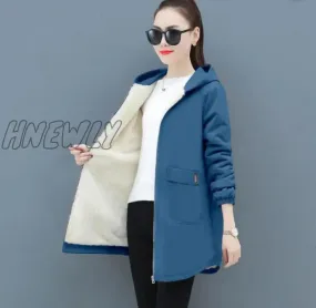 Hnewly Women Winter Coat New Korean Large Size Loose Hooded Jacket Autumn Casual Plus Velvet Female Windbreaker Plus Size 6XL Y562