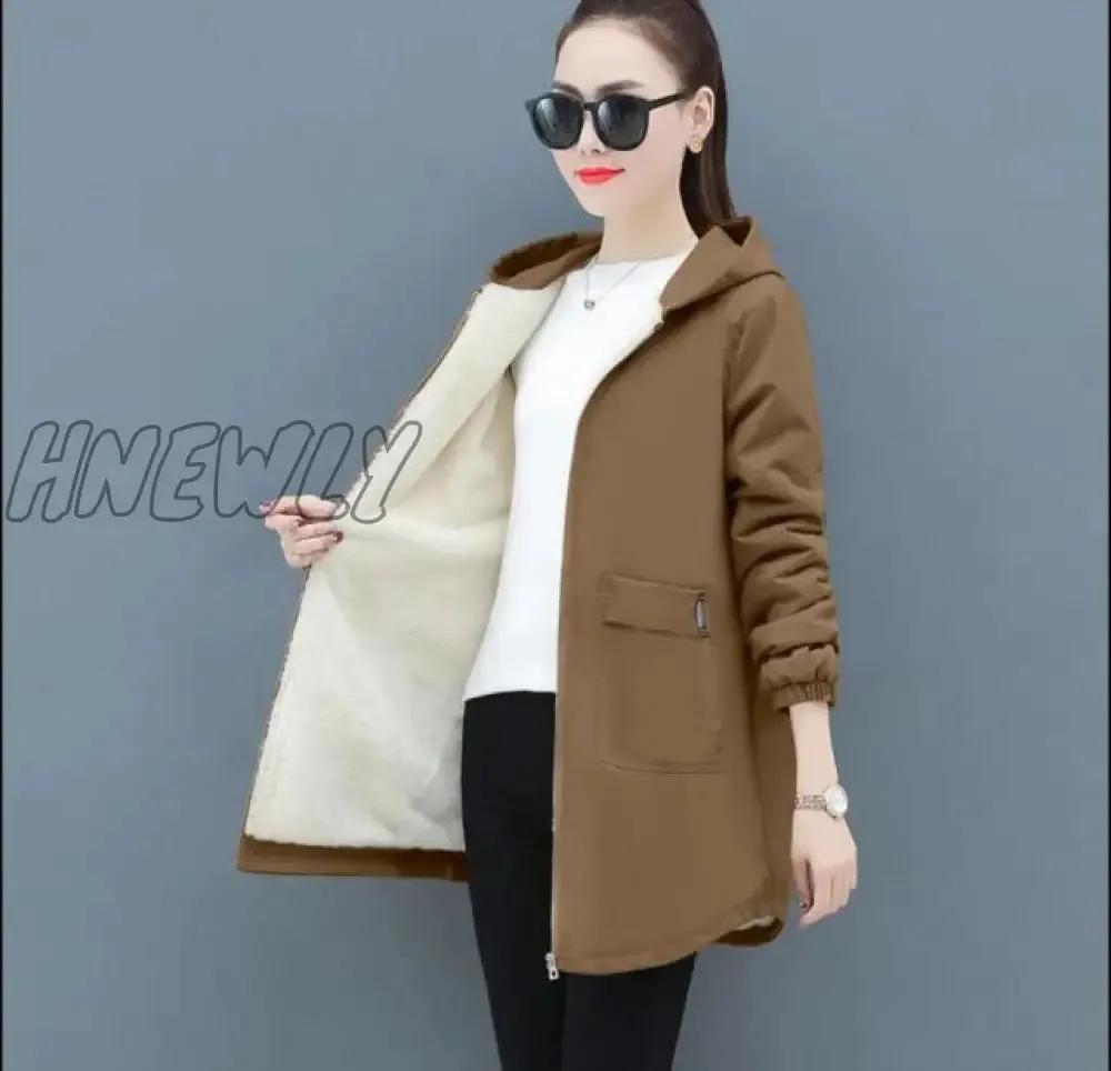 Hnewly Women Winter Coat New Korean Large Size Loose Hooded Jacket Autumn Casual Plus Velvet Female Windbreaker Plus Size 6XL Y562