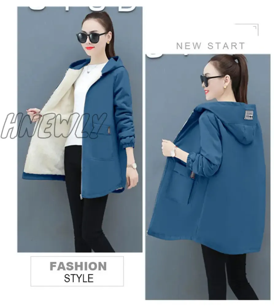 Hnewly Women Winter Coat New Korean Large Size Loose Hooded Jacket Autumn Casual Plus Velvet Female Windbreaker Plus Size 6XL Y562