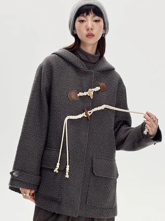 Horn Buckle Wool Coat With Hood